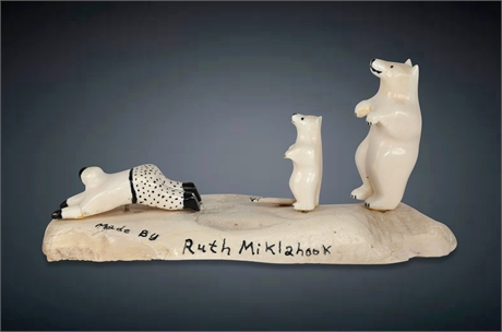 Inupiat Carved Walrus Ivory Polar Bear and Hunter Scene by Ruth Miklahook