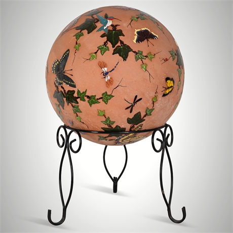 Butterflies & Hummingbirds Glazed Garden Orb Sculpture on Iron Stand