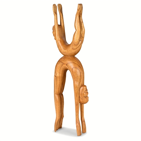 Mid-Century Hand-Carved Wood Acrobat Sculpture, 23"