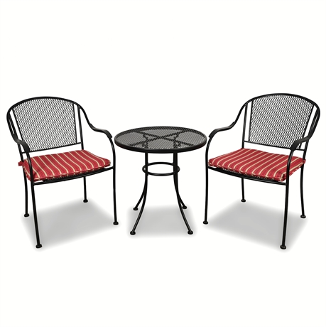 Wrought Iron Patio Bistro Set — Table & 2 Chairs w/ Red Cushions