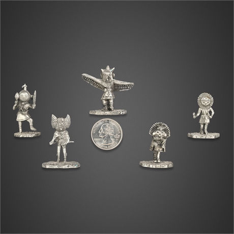 Miniature Pewter Kachina Figurines, Set of 5 — Eagle, Owl, Sun Face, Mudhead &