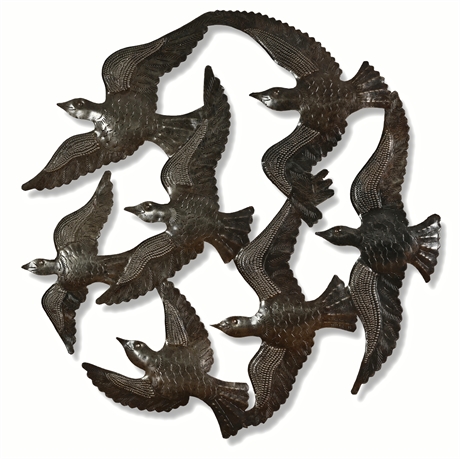 Haitian Steel Drum Wall Art — 7-Bird Flock, Hand-Punched, 21.75" Round