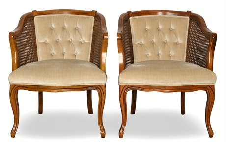 Pair of Vintage Solid Walnut Cane-Back Armchairs with Tufted Cushions