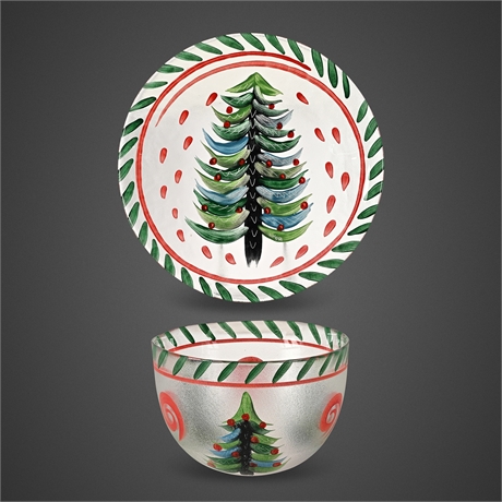 Hand-Painted Italian Christmas Tree Glass Bowl & Plate Set