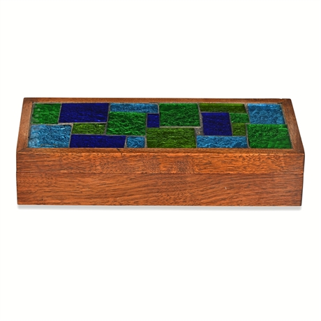George Briard Fused Glass Mosaic Walnut Lidded Box, Blue & Green