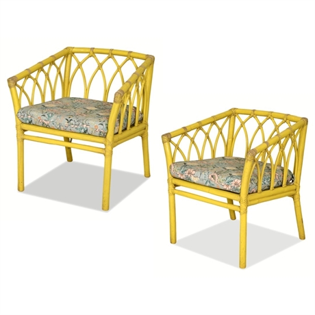 Pair of McGuire San Francisco Yellow Rattan Gothic Arch Tub Chairs, 1960s–70s