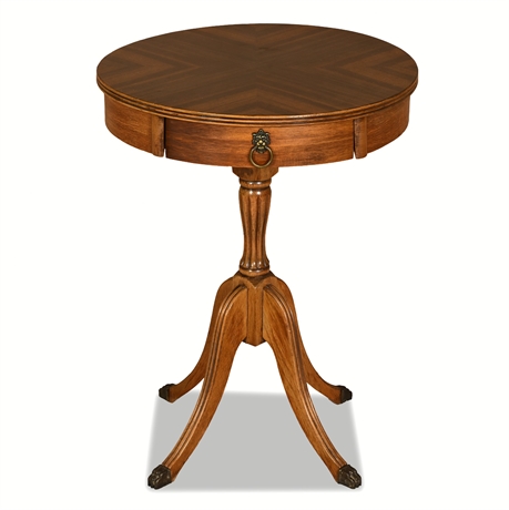 Regency-Style Mahogany Round Drum Table with Lion-Head Pull & Brass Paw Feet