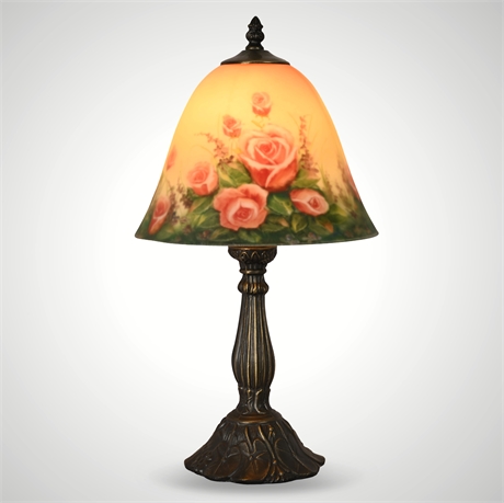 Reverse Painted Rose Lamp – Frosted Glass Shade, Cast Metal Base, 18"