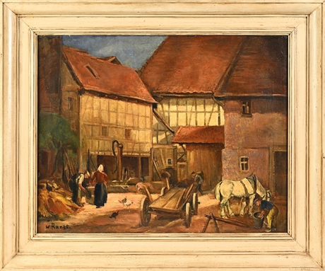 Wilhelm Runze German Half-Timbered Farmyard Scene, Oil on Masonite