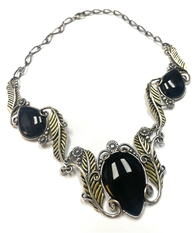 Sterling Silver Statement Necklace with Brass Features and Black Stones