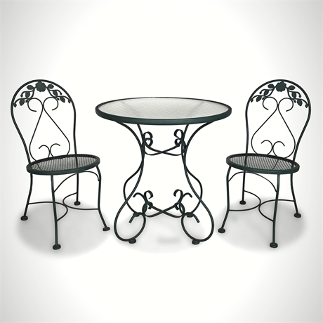 Vintage Wrought Iron Bistro Set, Floral Scrollwork Table & Two Mesh Chairs