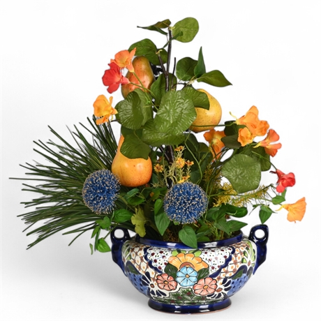 Hand-Painted Talavera Vase with Faux Foliage, Signed