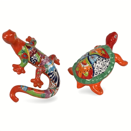 Charming Hand-Painted Talavera Creatures- Lizard & Turtle Pottery