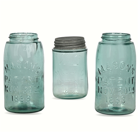 Antique Mason Jars - "Mason's Patent" 1858 Aqua Glass Set, 3 Pieces