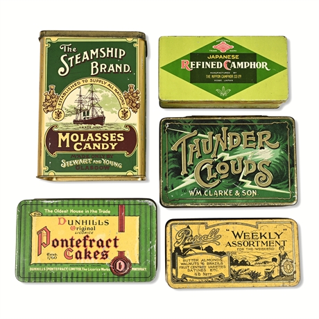 (5) Vintage Advertising Tins, Candy, Tobacco, Camphor, UK & Japan