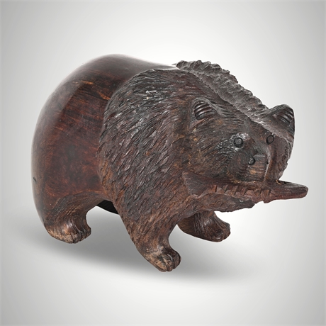 Rustic Ironwood Bear Catching Fish Folk Art Carving