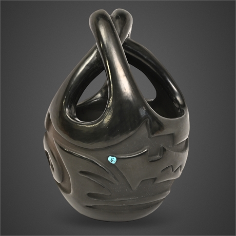 Laura Tafoya Pino Santa Clara Blackware Vessel, Avanyu — Turquoise