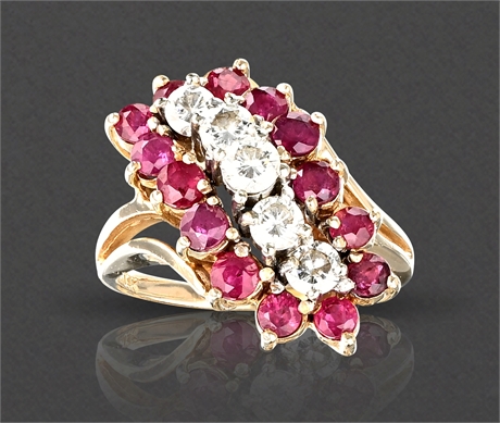 Exquisite Signed 14K Gold Vintage Cocktail Ring, Diamonds & Rubies, Size 5