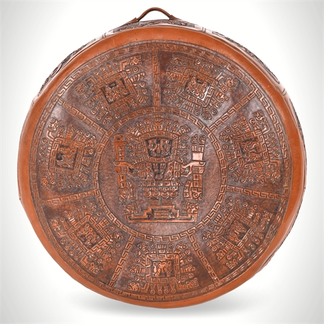 Wiracocha Sun God Tooled Leather Ottoman, 11 × 19 in