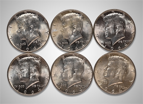 1964 (6) Kennedy Silver Half Dollars