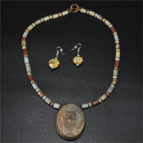Kokopelli Pottery Necklace and Glass Blown Earrings