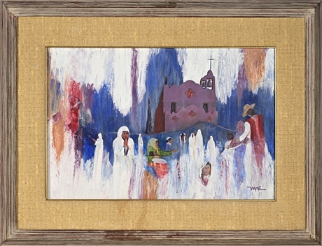 Wayne — Southwestern Church Scene, Original Oil on Masonite
