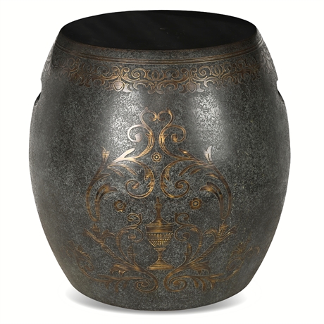16" Bronze Drum Garden Stool with Gilt Scrollwork — Double Handled