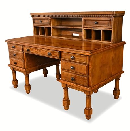 Large Oak Executive Desk with Hutch, File Cabinet & Keyboard Tray