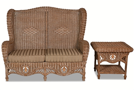 Wingback Wicker Loveseat With Table