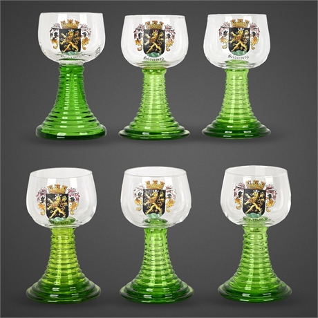 5" Vintage Heidelberg Roemer Goblets – Green Beehive Stem, Set of 6