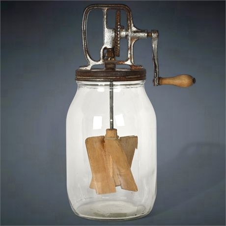 Antique Glass Butter Churn with Hand Crank, Early 20th Century