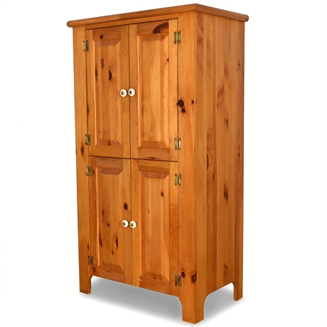 Solid Pine Wood Armoire with 4 Beveled Panel Doors and Porcelain Knobs