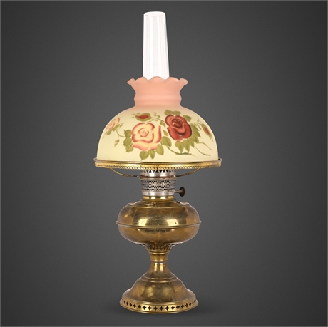 Bradley & Hubbard Reverse Painted Floral Oil Lamp – 23” Brass Base
