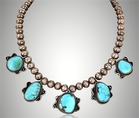 Navajo Sterling Silver Turquoise 5-Station Bead Necklace 45.85g