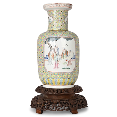 13.5" Chinese Famille Rose Porcelain Vase with Birds & Scholars, Wood Base