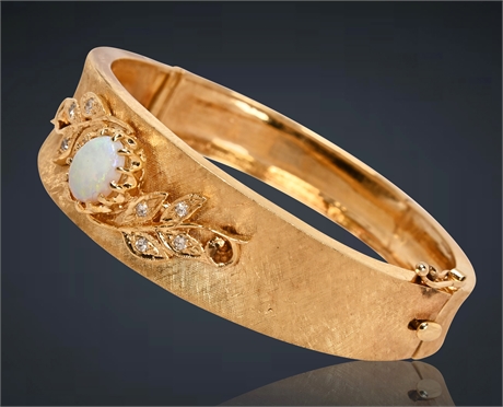 14K Opal & Diamond Hinged Bangle Bracelet