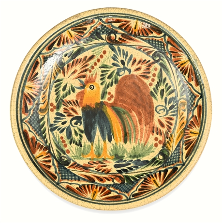 9.75" Mexican Talavera Rooster Plate, Hand Painted Folk Pottery