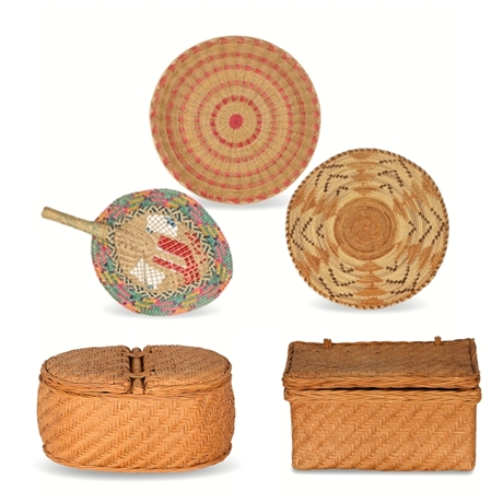 Vintage Wicker Baskets, Hand Woven Baskets & Fan