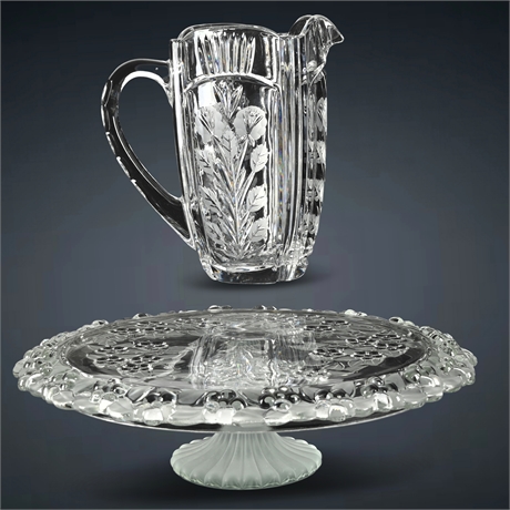 Vintage Crystal: Floral Embossed Cake Stand & Pitcher