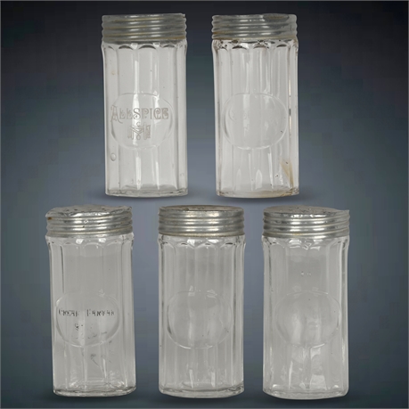 Antique Hoosier Ribbed Glass Spice Jar Set with Tin Lids