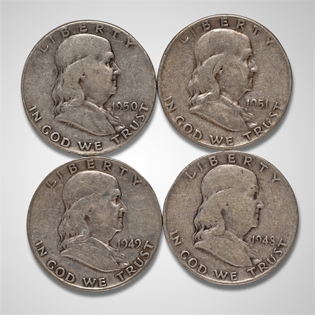 (4) 1948 - 1951 Franklin Silver Half Dollars