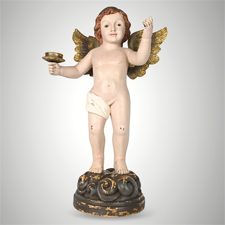 Cherubic Hand-Painted Angel Figure with Gilded Wings and Candleholder