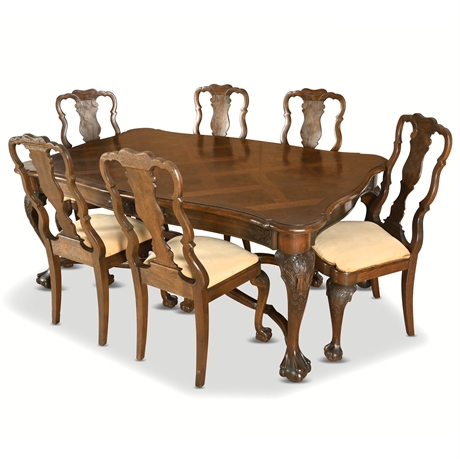 Antique German Carved Oak Dining Set – Baroque Revival Extension Table & 6 Chair