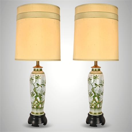 Pair of Mid-Century Porcelain Table Lamps – Birds & Foliage, 34" Height