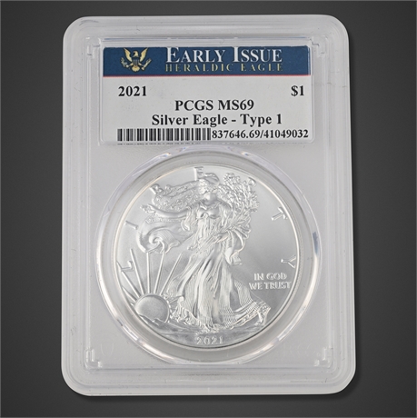 2021 American Silver Eagle – Type 1 – PCGS MS69 Early Issue, 1 oz .999 Silver