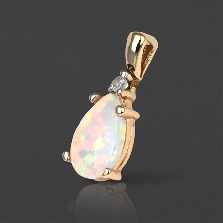 10K Gold Opal & Diamond Teardrop Pendant – Signed Bale