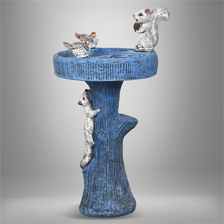 Concrete Garden Bird Bath — Tree Trunk Pedestal, Squirrel & Bird Figures, 36"
