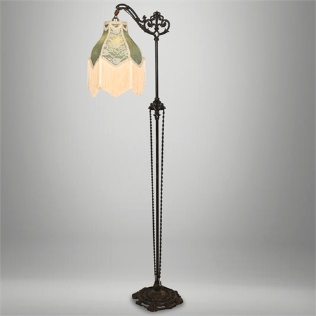 Victorian Ornate Brass Floor Lamp with Adjustable Fringe Shade, c. Early 1900s