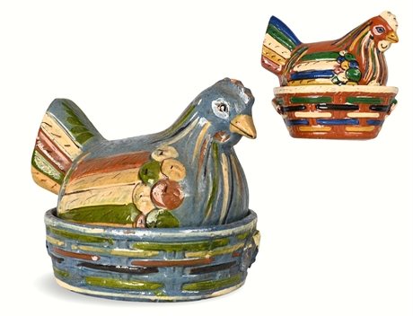 Pair of Vintage Tlaquepaque Terracotta Hen-on-Nest Casserole Dishes