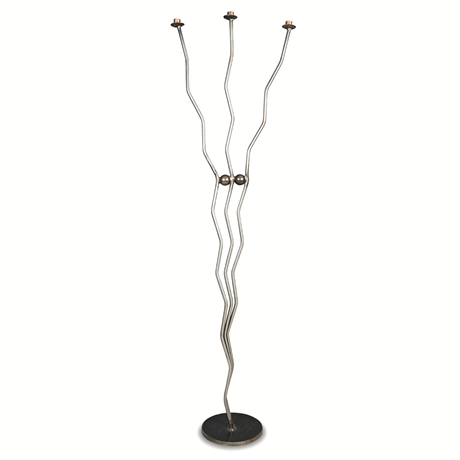 Brutalist Forged Steel Floor Candelabra, Three-Light Zigzag Form